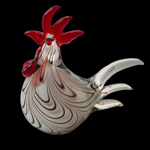 Handcrafted Glass Rooster Figurine With Red Comb & Tail Accents - Picture 1 of 9